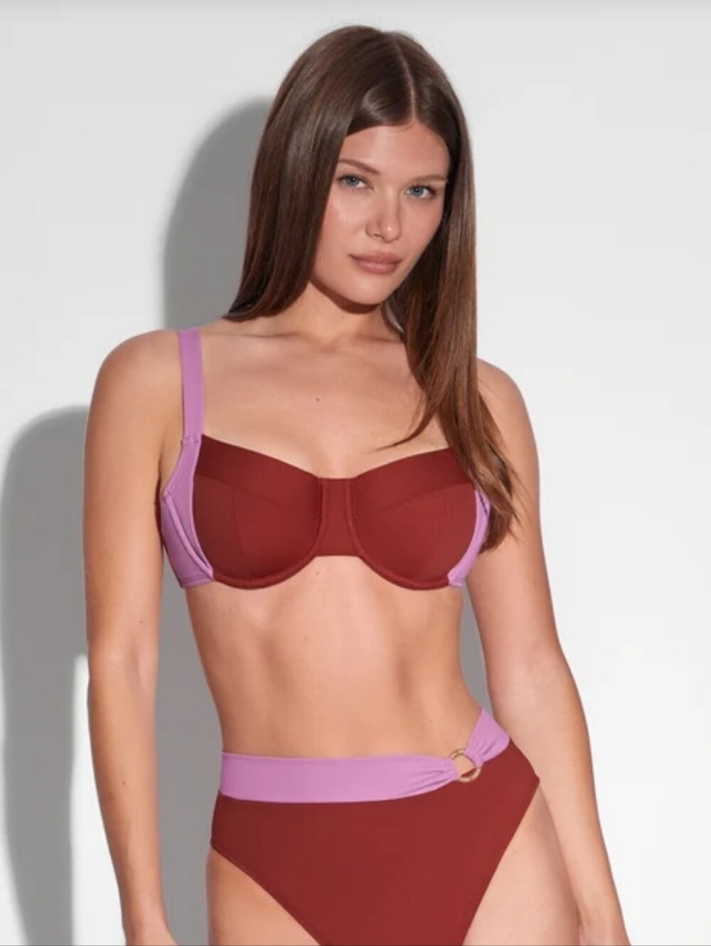 Two-Tone Underwire Bikini Top and High-Waist Bottoms - Red & Pink